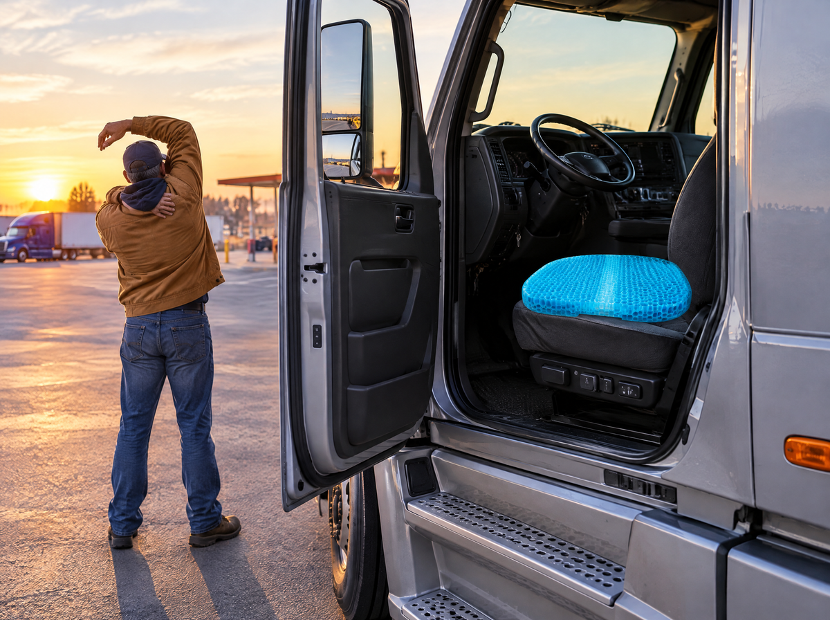 Truck driver stretching at a rest stop