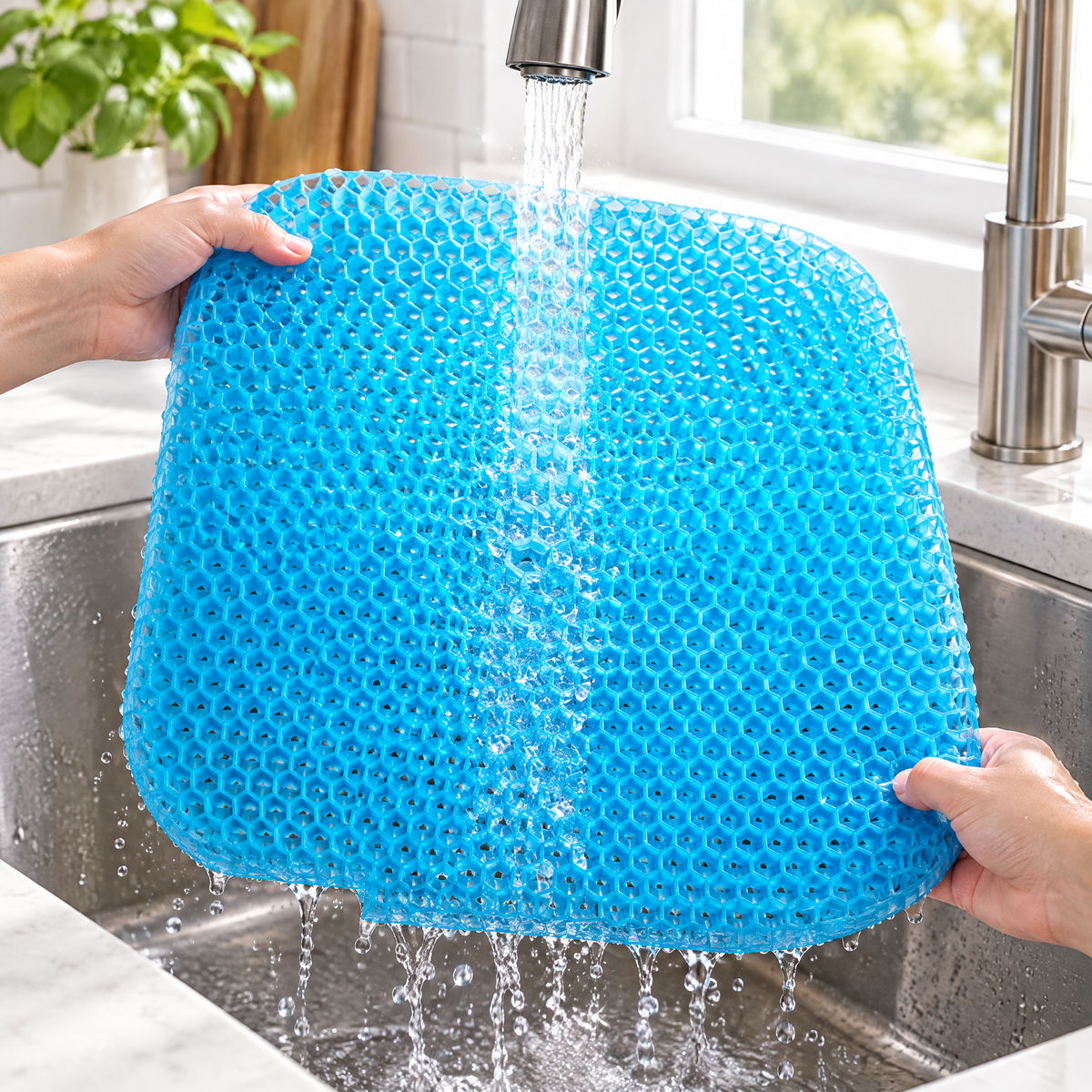 Rinsing the Milewell cushion under a tap