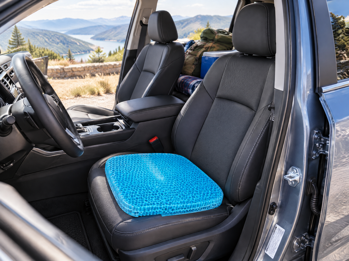 Milewell cushion on an SUV driver's seat on a road trip