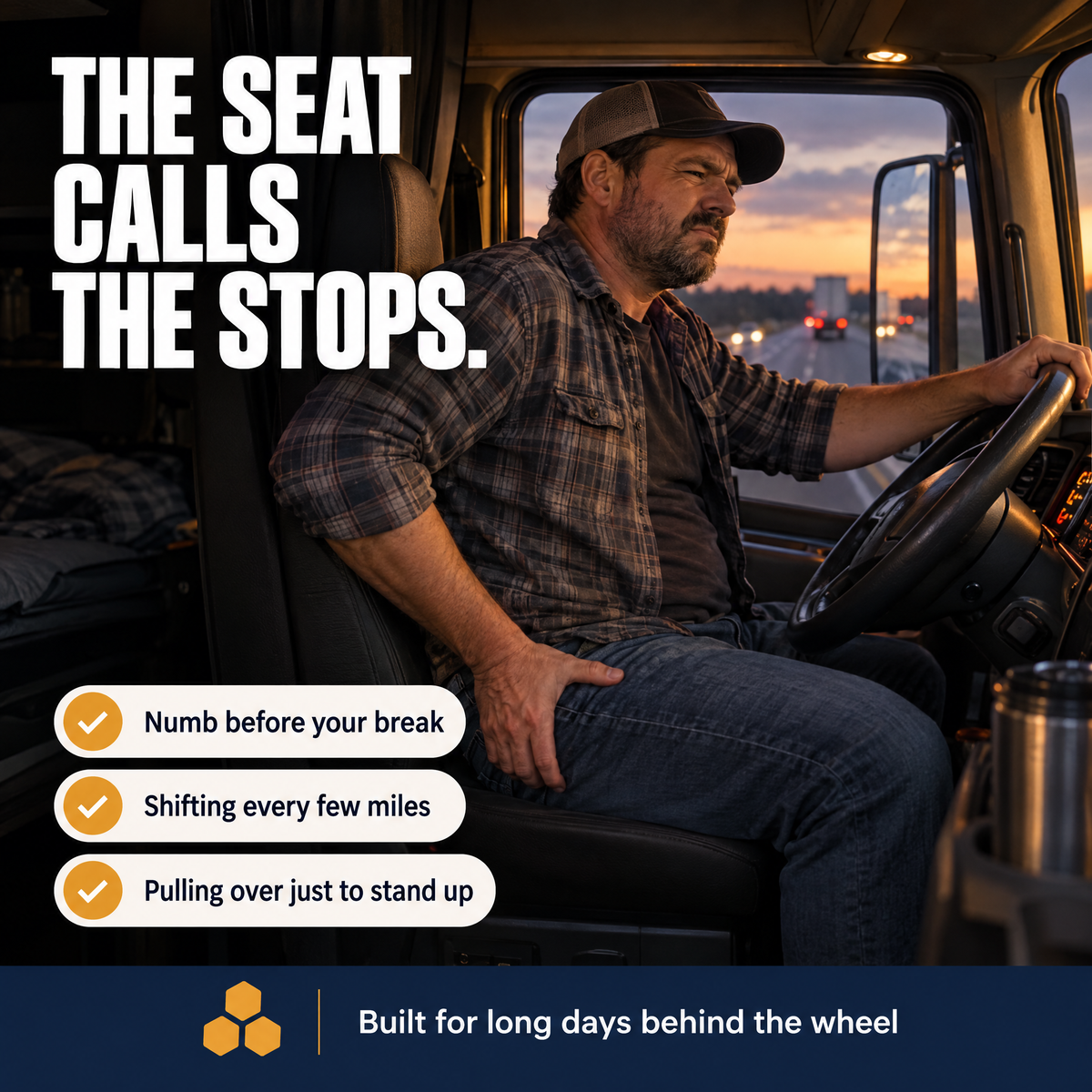 Truck driver shifting in his seat: the seat calls the stops