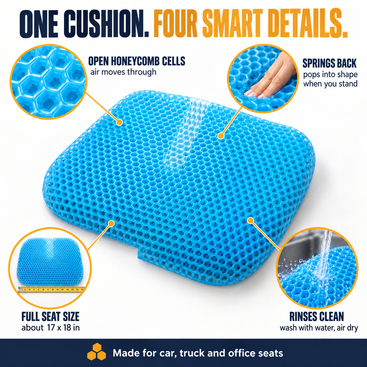 Four details: open honeycomb cells, springs back, full seat size, rinses clean