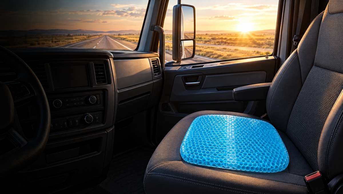 Milewell gel seat cushion on a truck driver's seat at sunrise