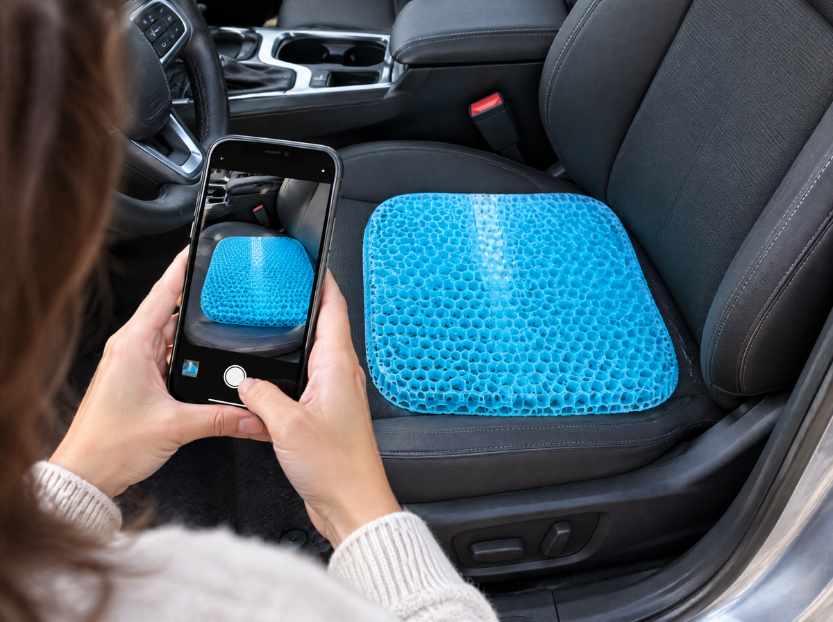 Taking a photo of a car seat with the Milewell cushion
